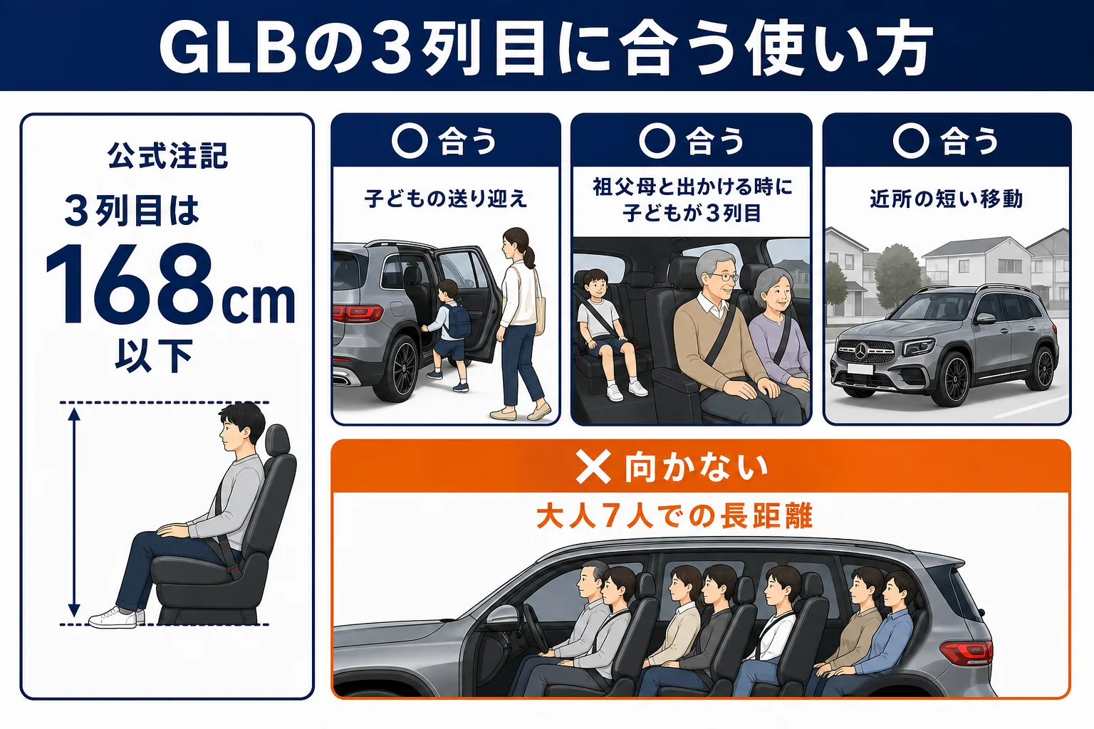 ベンツGLBの3列目シートに合う使い方と合わない使い方を並べた図解