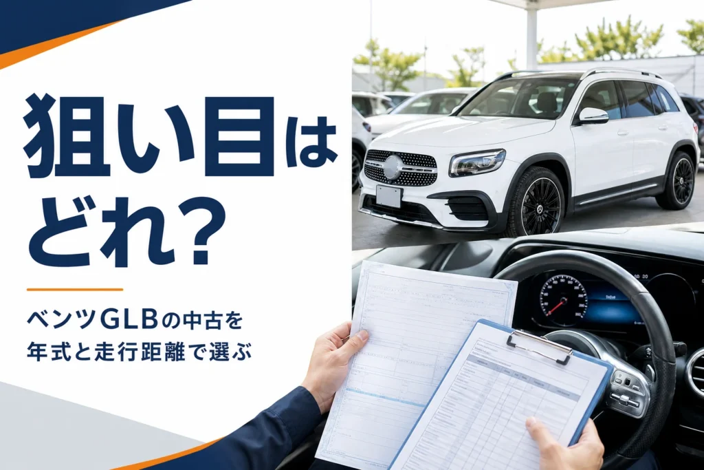 SUVの走行距離と点検記録簿を確かめる手元を写したベンツGLB中古車の記事のアイキャッチ