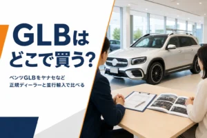 正規ディーラーのショールームに展示された白いGLBと見積書