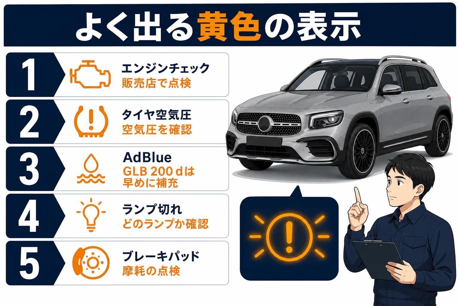 GLBでよく出る黄色の警告表示と対処を並べた図解