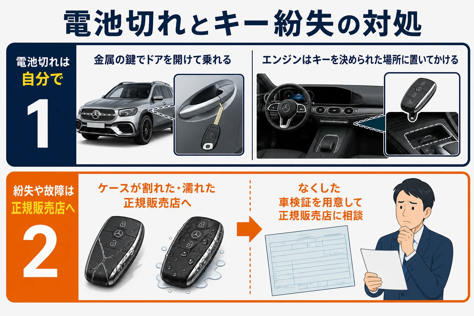 キーの電池が切れた時と、なくした時の対処を比べた図解