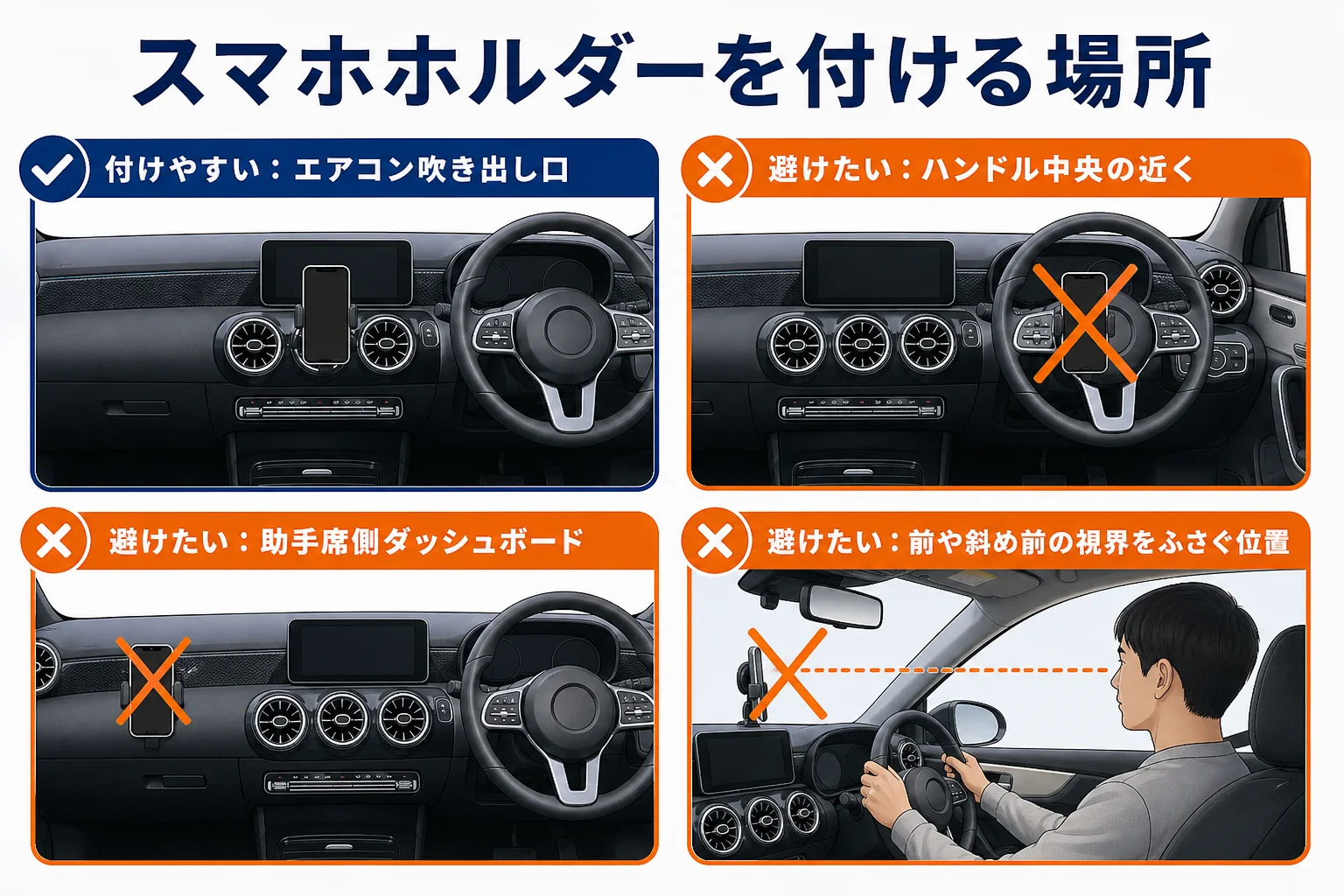 GLBでスマホホルダーを付けてよい場所と避けたい場所の図解
