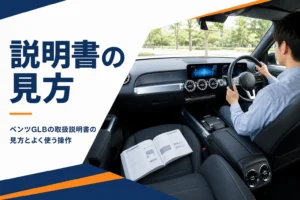 運転席から見た車内と助手席に置いた取扱説明書