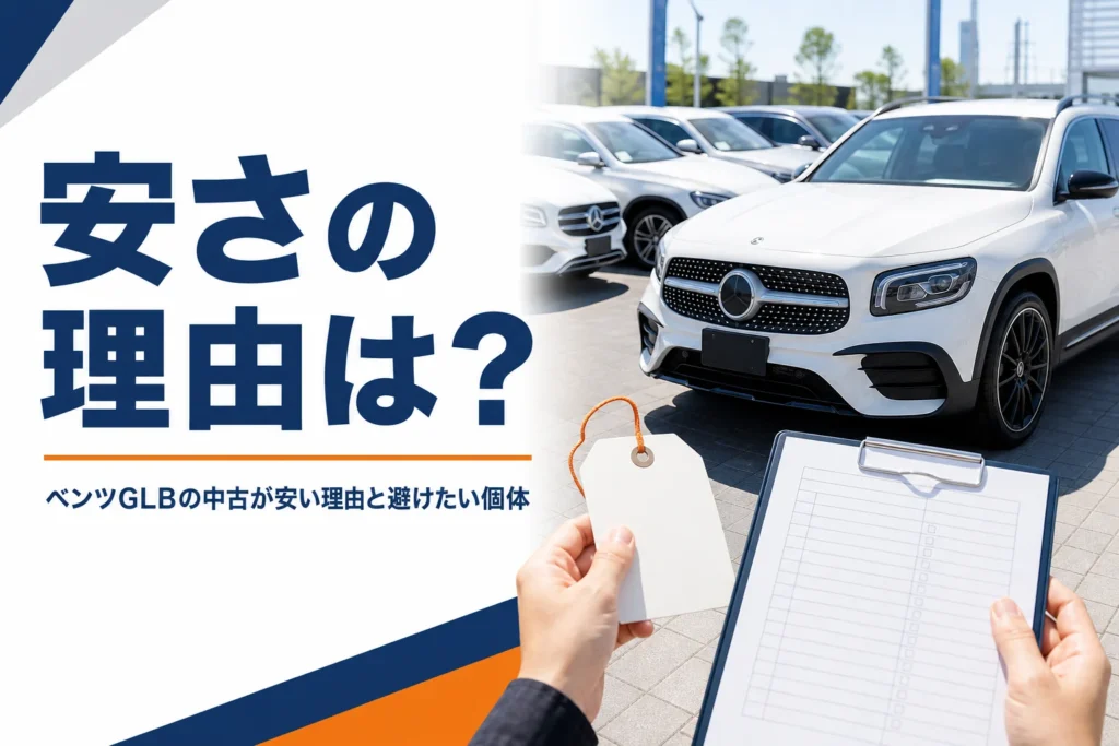 中古SUVの値札と点検記録簿を見比べる手元を写したベンツGLB中古の記事のアイキャッチ