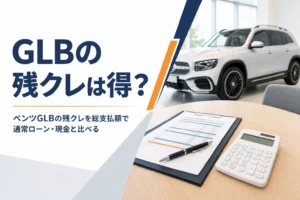 商談テーブルの見積書と電卓、奥に白いコンパクトSUV